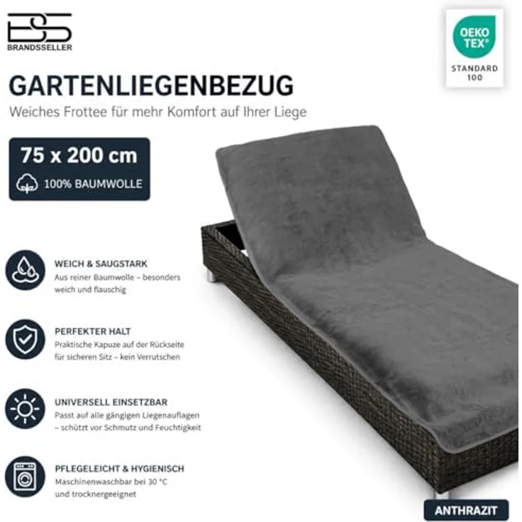 Brandsseller Schonbezug für Gartenliege, Strandliegenauflage, Frottee Schonbezug, 100% Baumwolle (ca. 75x200 cm, Anthrazit) – Bild 6