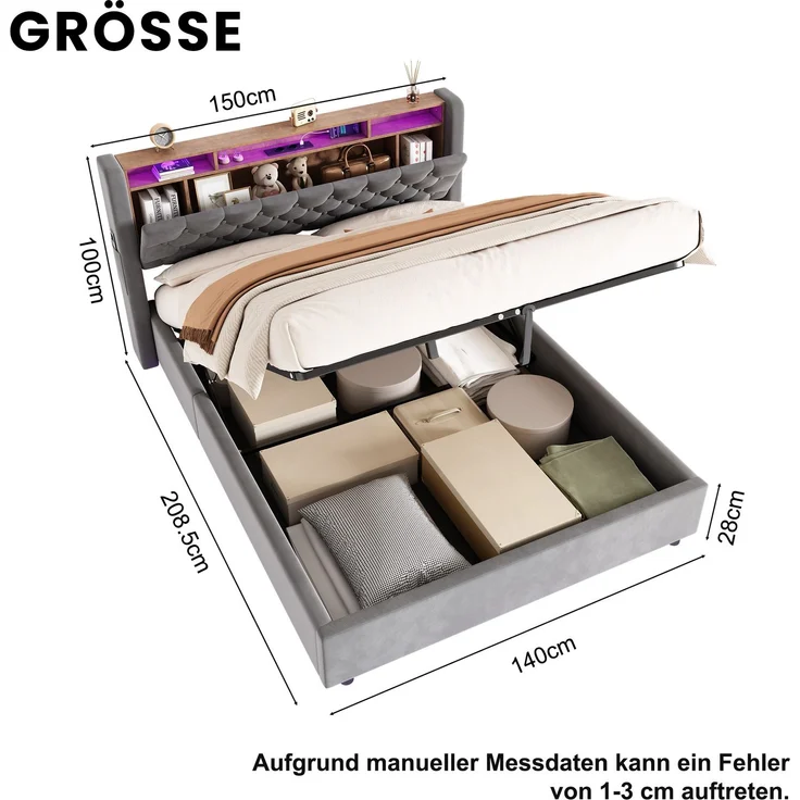 MODFU Polsterbett mit Bettkasten, LED, USB-C und Kopfteilablage, Holland-Velours Grau, 140x190 cm – Bild 6