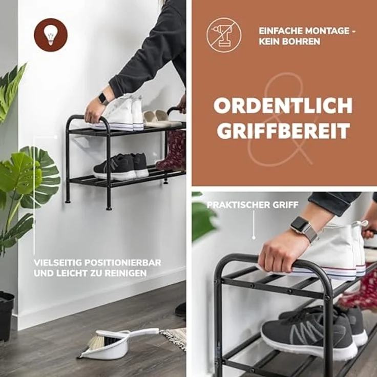 eluno Schuhregal für ca. 8 Paar Schuhe, 2 Ablagen, schwarz – Bild 5