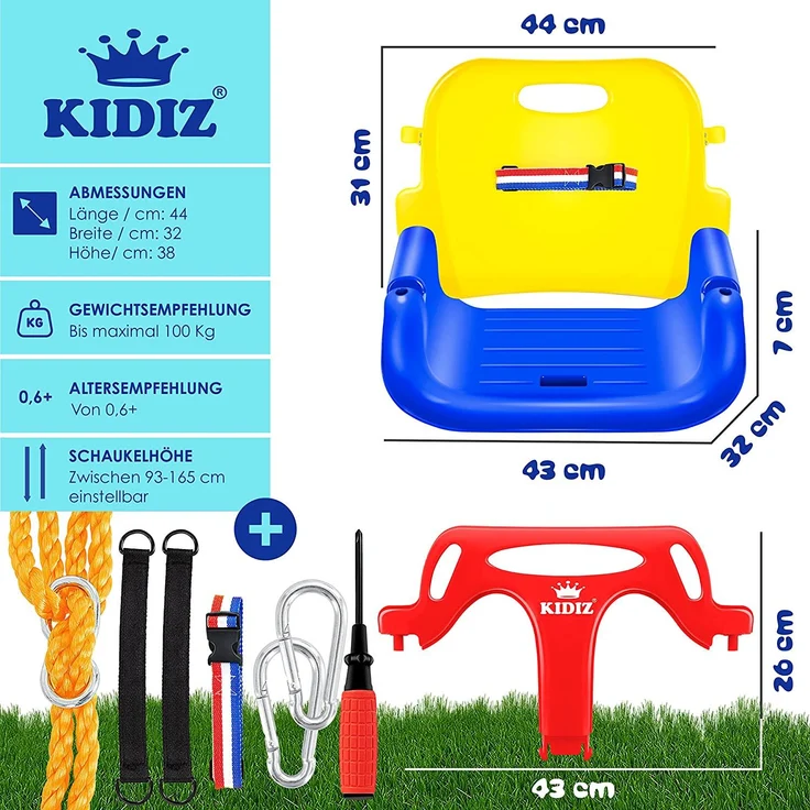 KIDIZ® Babyschaukel Kinderschaukel 3 in 1 Babysitz verstellbar Mitwachsend Schaukelsitz Gartenschaukel für Baby Kinder mit Rückenlehne und Anschnallgurt belastbar bis 100kg Indoor Outdoor Gelb – Bild 7