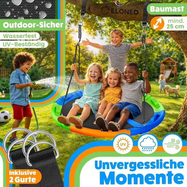 ELONEO Nestschaukel Outdoor & Indoor mit 90 oder 120 cm Durchmesser, Tellerschaukel, höhenverstellbare Hängeschaukel inkl. Kissen, Griffen und Zubehör-Set, Bunt - 120cm 90cm – Bild 3