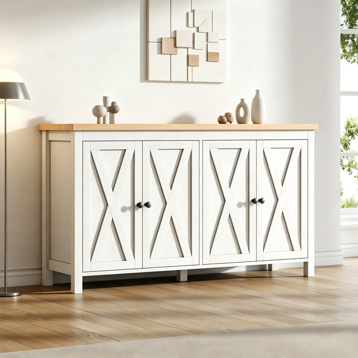 Merax 140cm Sideboard mit 4 Türen, mit Schwarzem, Rundem Griff,2 Partitionen, Multifunktionaler Aufbewahrungsschrank aus MDF-Material, Weiß – Bild 8