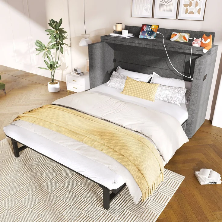 Schrankbett mit Mehrfachsteckdose und Schubladen, 140x200cm, Wandklappbett, horizontal klappbar, platzsparend, Leinen – Bild 1