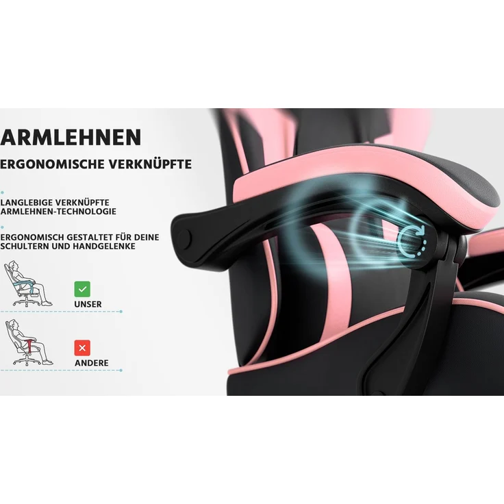 Gaming-Stuhl, PVC-Leder, ergonomisch, mit verstellbarer Rückenlehne & Fußstütze, 58,5x63x120,5 cm, Schwarz+Rosa – Bild 10