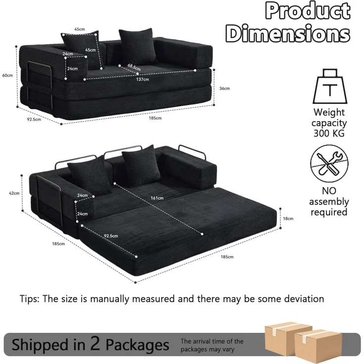 Bodensofa, Kompressionssofa, Schlafsofa mit Kissen, Rückenlehne und Armlehnen, bequemes Futon-Sofa, Cordstoff, für Wohn- und Schlafzimmer, Schwarz--Schwarz--185x92.5x60cm--YOUDENOVA – Bild 2