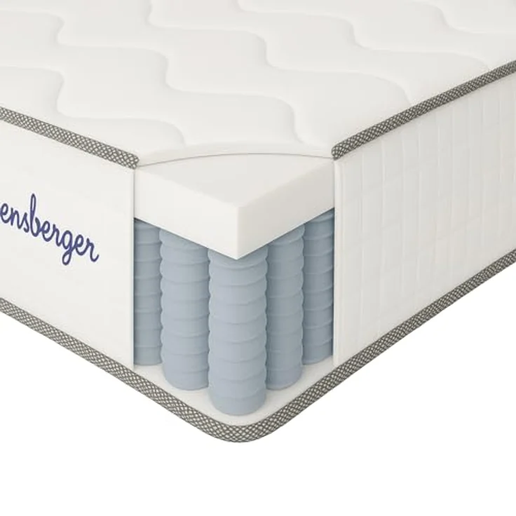 Arensberger JANA Federkernmatratze, 19cm Höhe, H2/H3 mittelfest, 7 Zonen, Taschenfederkern, Liegekomfort 90x200cm, Liegeseite weiß, Unterseite schwarz – Bild 1