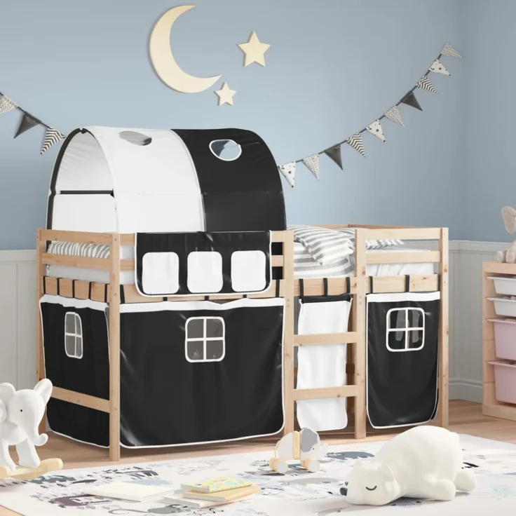 vidaXL Kinderhochbett mit Tunnel Weiß & Schwarz 90x190 cm Kiefernholz 3283853 – Bild 1