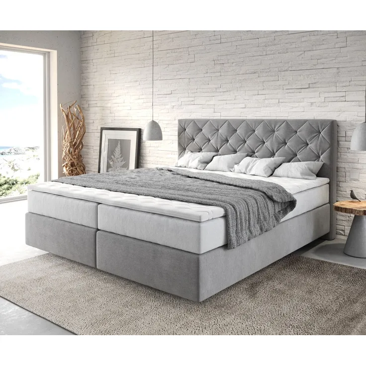Boxspringbett Dream-Great 180x200 cm Mikrofaser Grau mit TFK Matratze und Visco Topper