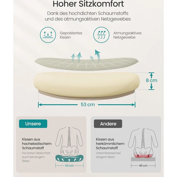 SONGMICS Bürostuhl ergonomisch, Schreibtischstuhl, Drehstuhl mit Mesh, gepolsterte Lendenstütze, Wippfunktion, 53 cm große Sitzfläche, klappbare Armlehnen, Kopfstütze, cappuccinobeige OBN047K01 – Bild 4
