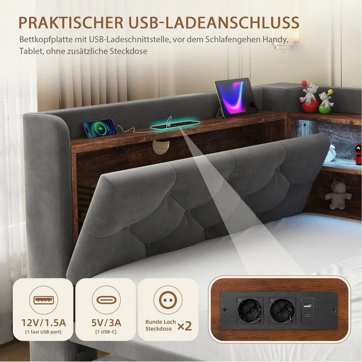 Odikalo Schlafsofa Schlafcouch 90x190 mit LED USB Type-C & Stauraum-Armlehne, Bettgestell ausziehbar, Samt, Sofa mit Holz-Kopfteil Ablage, Lattenrost, für Wohnzimmer & Gästezimmer – Bild 4