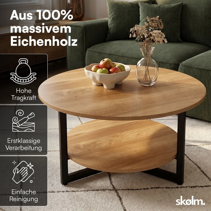 skølm 'Drakkar' Couchtisch rund, Massivholz Eiche, natur geölt, Wohnzimmertisch Ø70 cm mit Metallgestell, Beistelltisch für Wohnzimmer mit Ablage – Bild 2