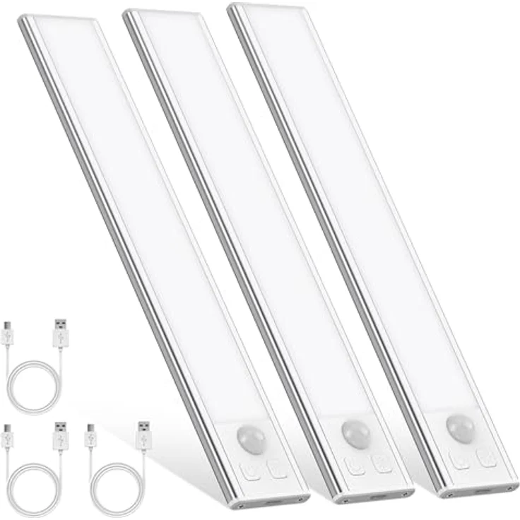 Schrankbeleuchtung LED mit Bewegungsmelder 20.5CM Unterbauleuchte Küche Stufenlose Dimmbar Unterbauleiste Led Leiste 1000mAh Aufladbar Nachtlicht für Küche Treppe Spiegelschrank Bücherregal 3 Stück – Bild 2
