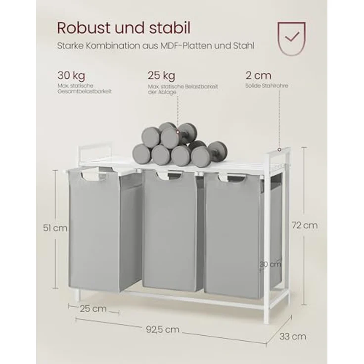 Vasagle Wäschekorb, 3 Fächer, mit Ablage, ausziehbar und abnehmbar, 3x38 L – Bild 6