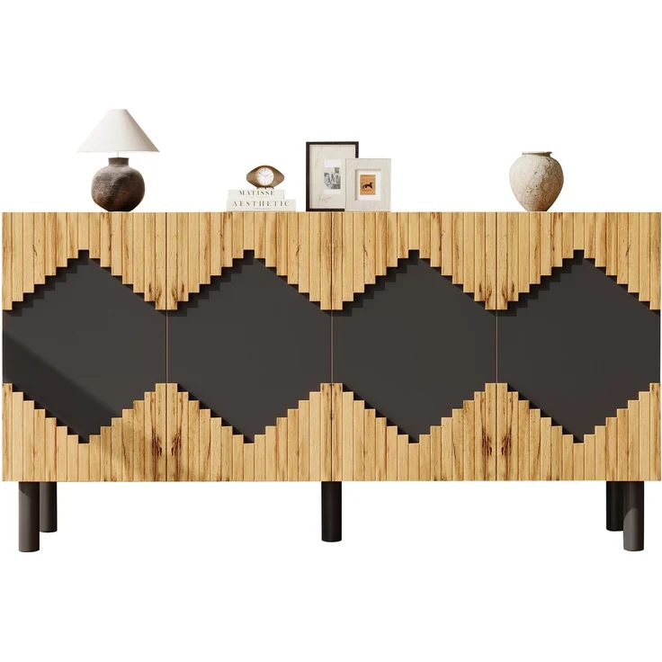 Merax 140cm Sideboard, Schrank mit 2 Türen, Schließfächer, Rautenmuster, aus robustem Spanplatte mit MDF, bis 50 kg belastbar, Holzfarbe+Schwarz – Bild 7