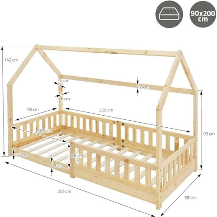 ML-DESIGN Kinderbett Hausbett mit Rausfallschutz, Dach und Lattenrost Massivholz, Bett 90x200 cm Natur mit Matratze 10cm Mädchen Jungen Holzbett – Bild 3
