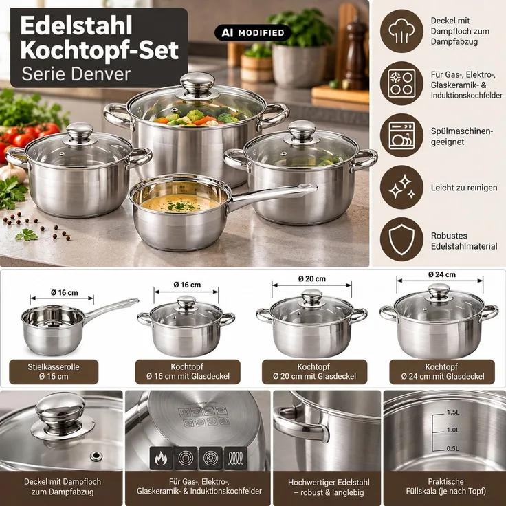 MICHELINO 7-tlg. Kochtopfset Rostfreier Edelstahl Geeignet für alle Herdarten