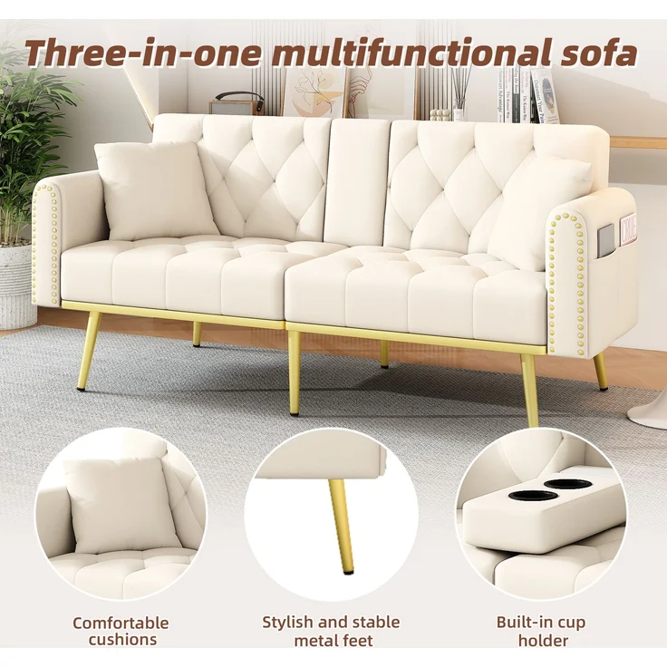 ZUBALIYA Schlafsofa 80x73.5 cm, mit LED - Beleuchtung, mit Stauraum, mit Samtbezug, mit breiten Armlehnen, Beige – Bild 7