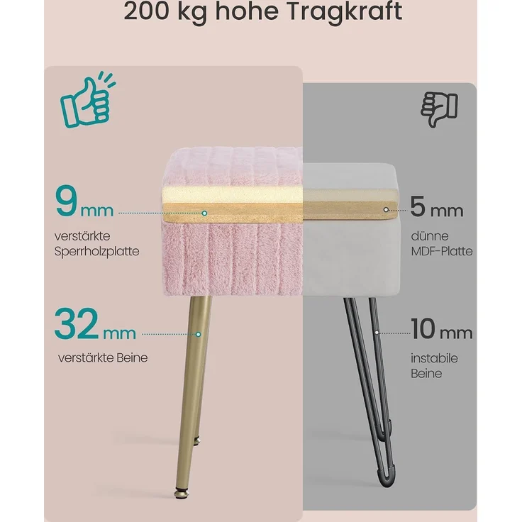 SONGMICS Schminktisch-Stuhl, Hocker mit Stauraum, Schminkhocker, Fußhocker, Metallbeine, gepolstert, verstellbare Füße, Wohnzimmer, Schlafzimmer, Ankleidezimmer, pastellrosa – Bild 6