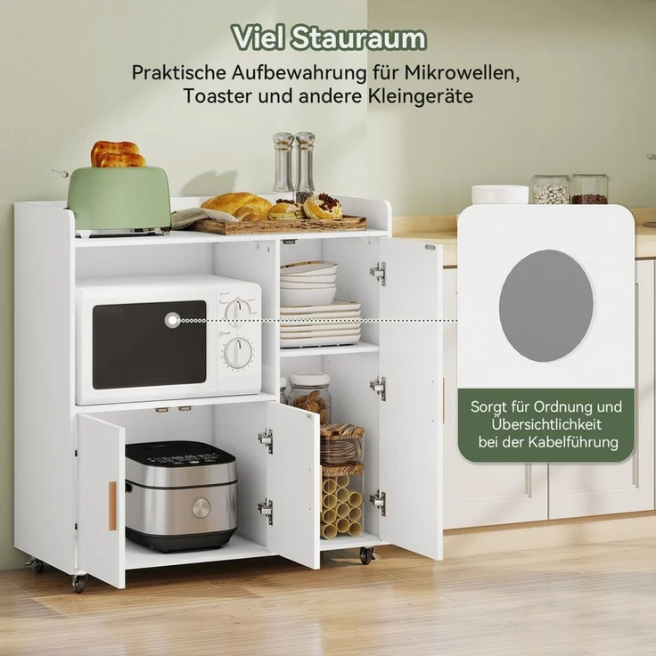 Puluomis Küchenwagen Servierwagen Buffet mit Mikrowellenablage, Rollen mit Bremsen 90x40x97, Küchentrolley Küchekommode Küchenschrank Sideboard – Bild 3