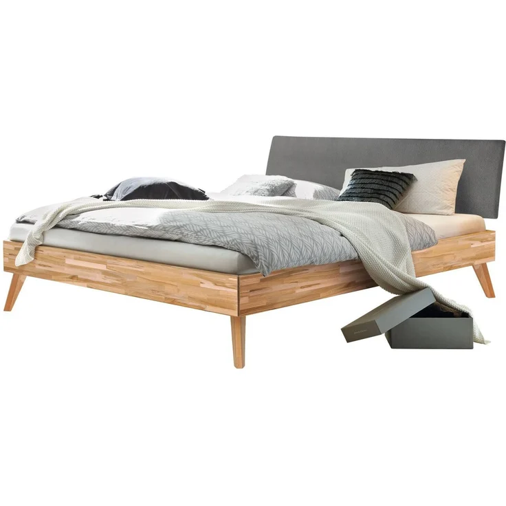Hasena Massivholzbett Pesaro Kernbuche mit Polster-Kopfteil, Bezug Pace Grey 160x210 cm, Fußhöhe 20 cm – Trento – Bild 1
