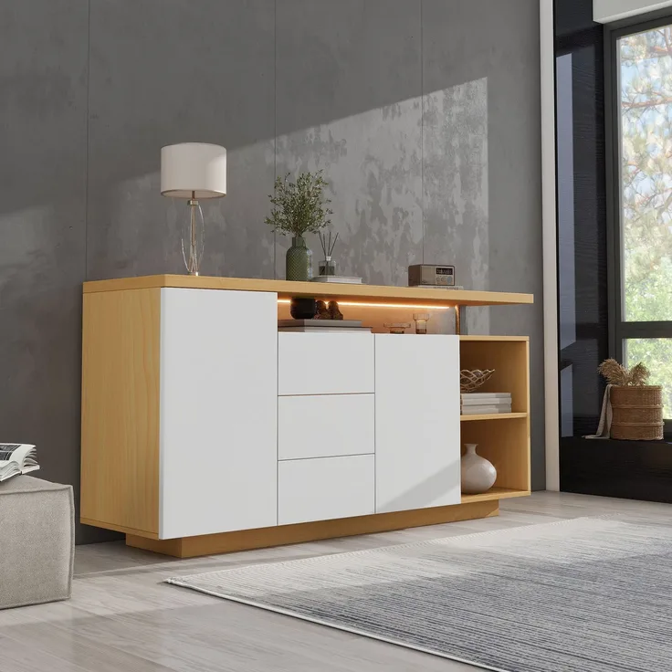 DESVIAE Sideboard mit LED-Beleuchtung und 3 Schubladen, 140x70x40 cm, Spanplatte, Weiß und Eiche hell