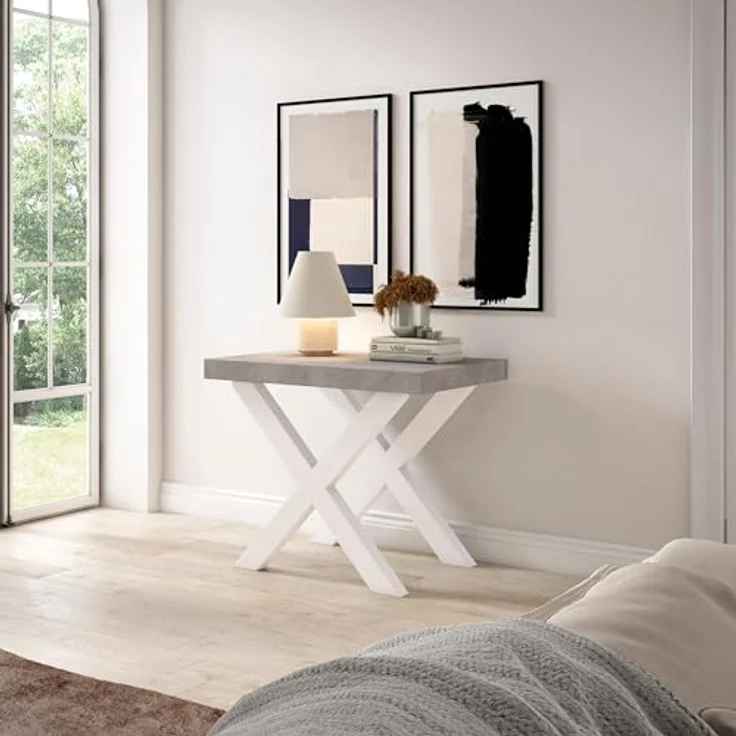 Skraut Home | Ausziehbarertisch | Multifunktionaler ausziehbarer | 300 | Für 14 Gäste | Massivholz Beine | Moderner Stil | Mattweiß und Zement – Bild 4