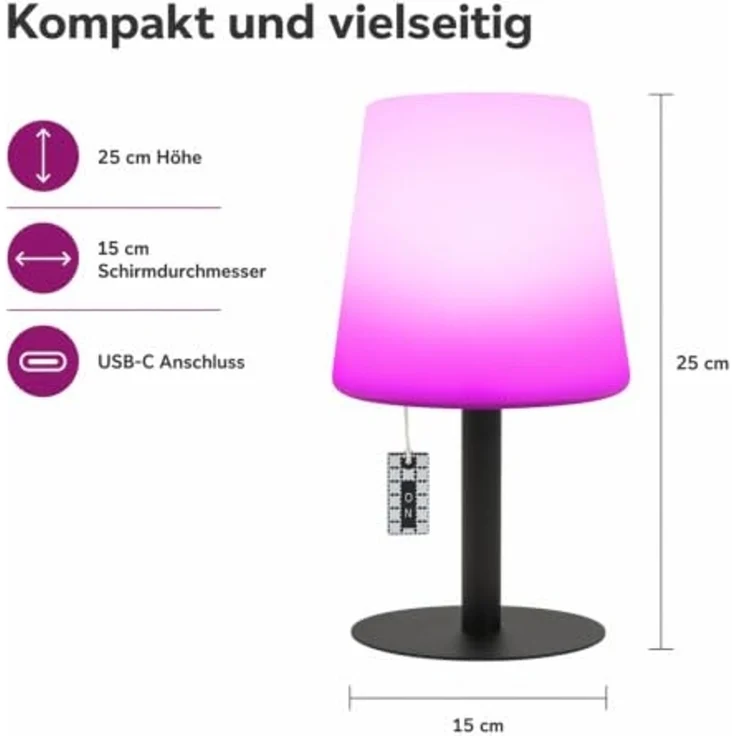 AddLiving LED Tischleuchte LED Tischlampe Table Light RGB dimmbar mit Zugschalter IP44, RGB-Farbwechsel, 12h Leuchtdauer, Zugschalter, 12 LEDs, IP44 – Bild 2