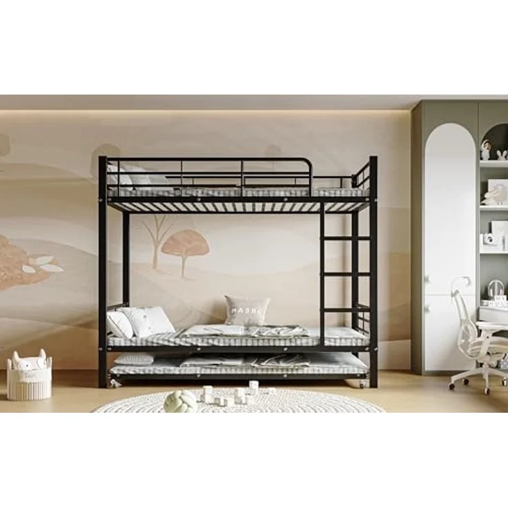 Ball & Cast Hochbett (90x200cm&90x190cm) Metall Kinderbett mit Absturzsicherung und Treppe, Etagenbett mit Ausziehbett für 3 Kinder, Schwarz – Bild 5