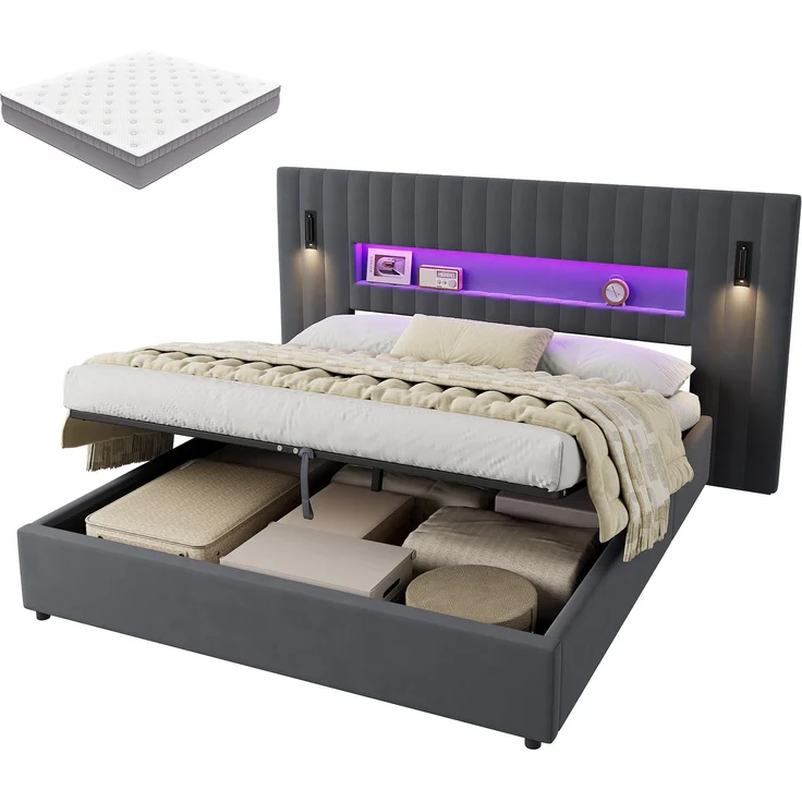 Polsterbett 180x200 cm mit hydraulischem Bettkasten, LED-Leseleuchten, USB, mit Matratze – Bild 7