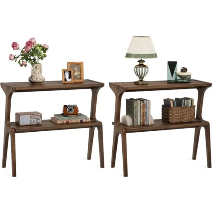 LITTLE TREE Konsolentisch Holz, 2er Set, Schmaler Sofatisch mit 2 Ablagen, 30 x 70 x 67 cm, Flurtisch für Flur, Wohnzimmer, Eingang, Dark Walnut