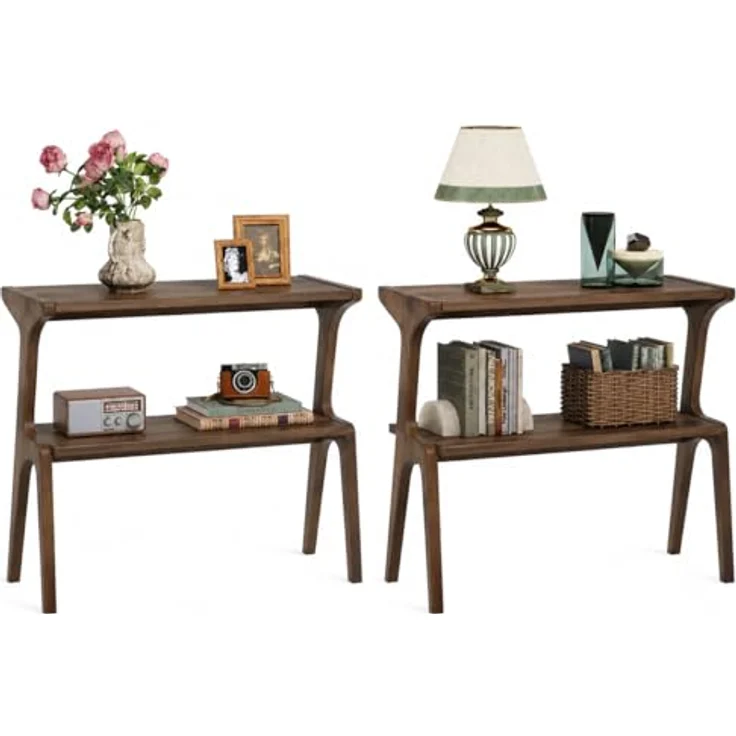 LITTLE TREE Konsolentisch Holz, 2er Set, Schmaler Sofatisch mit 2 Ablagen, 30 x 70 x 67 cm, Flurtisch für Flur, Wohnzimmer, Eingang, Dark Walnut – Bild 1