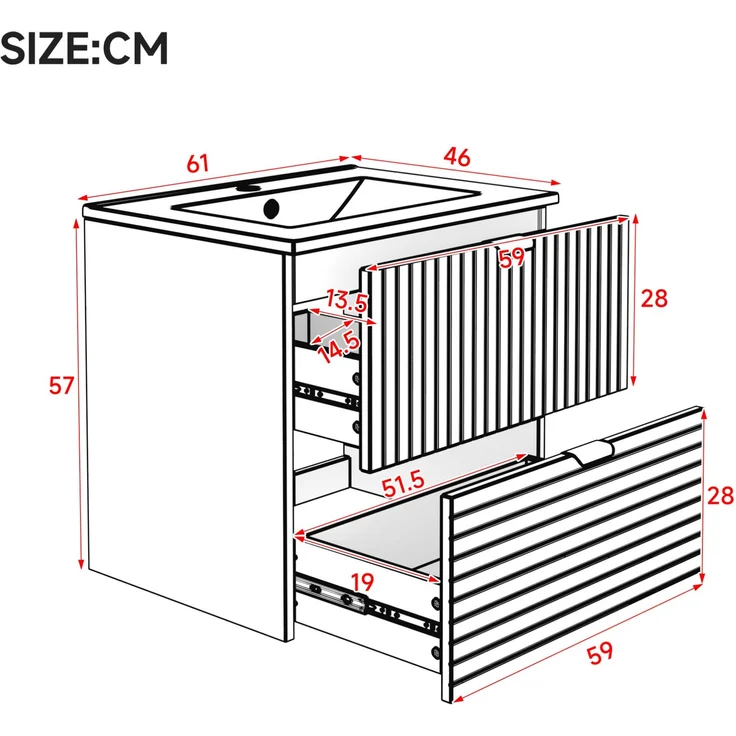 Wandhängender Waschtisch 61x46x57 cm mit Keramikbecken und zwei Schubladen, Weiß – Bild 5