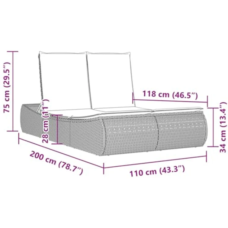 vidaXL Doppel-Sonnenliege mit verstellbarer Rückenlehne und abnehmbaren Kissenbezügen, Beige Poly Rattan – Bild 9