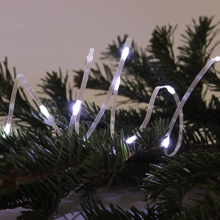 FHS LED-Lichterkette 100 LED kaltweiß | 10 cm LED-Abstand, 8 Funktionen & Timer | 50 cm Zuleitung, IP44 Batteriefach | für Innen & Außen, 3x AA Batterien