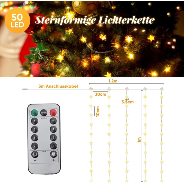Salcar LED-Lichterkette LED Sternen Lichterkette Weihnachts LED Lichterkette Vorhang USB, 50 Warmweiße LED Sternen – Bild 2