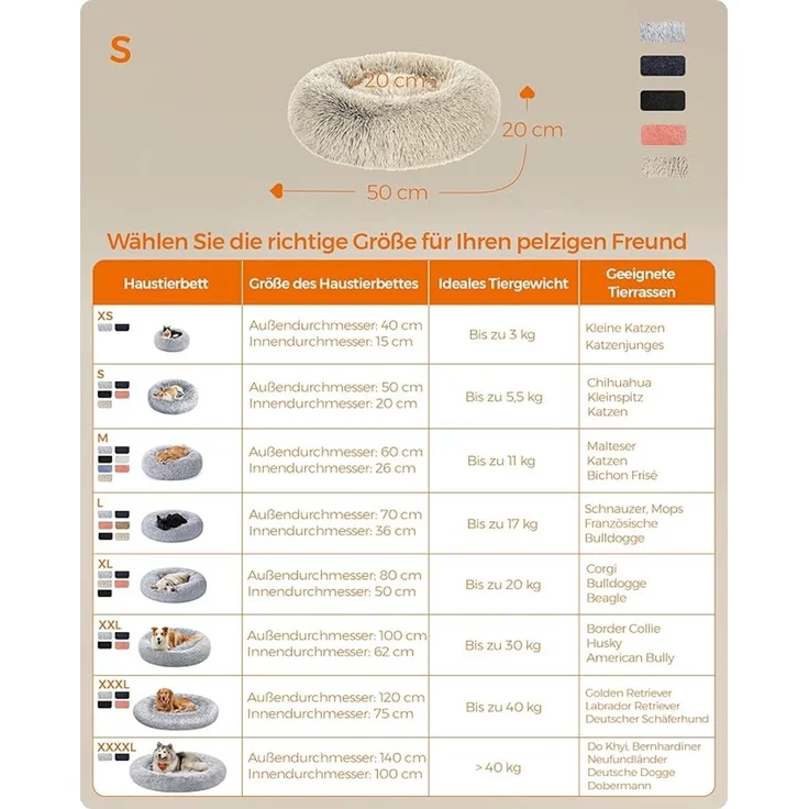 Feandrea Hundebett flauschig, Katzenbett, Donut Kissen, waschbar, Polsterung in der Mitte herausnehmbar, langer Plüsch, 50 cm Durchmesser, Ombré-Khaki – Bild 5
