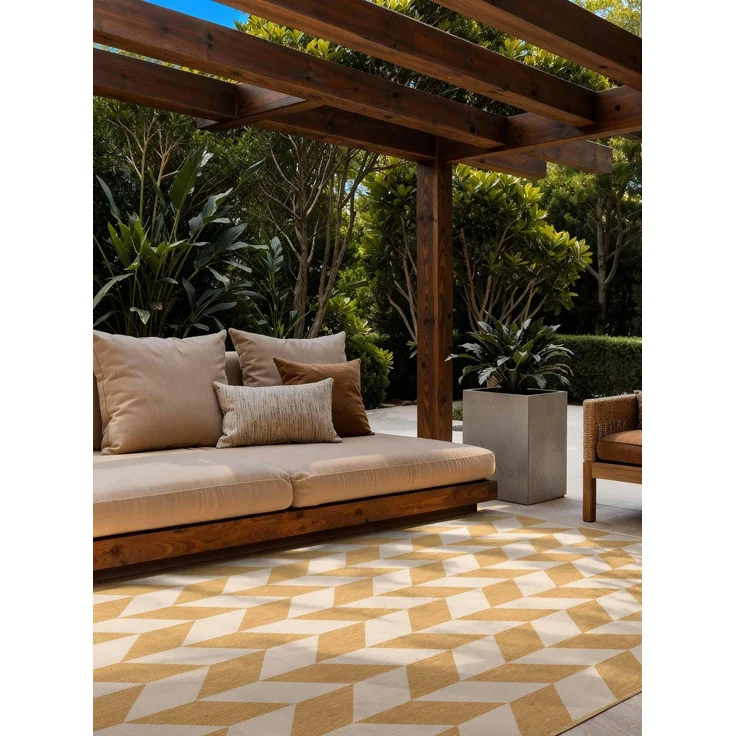 Ted Baker Flachgewebe Teppich Terrick - Wendeteppich Outdoor geeignet, Pflegeleichter Wohnzimmerteppich, Modern, Zigzag Muster für Wohnzimmer, Terrasse, Esszimmer, Balkon - Ocker Weiß, 160x230 cm