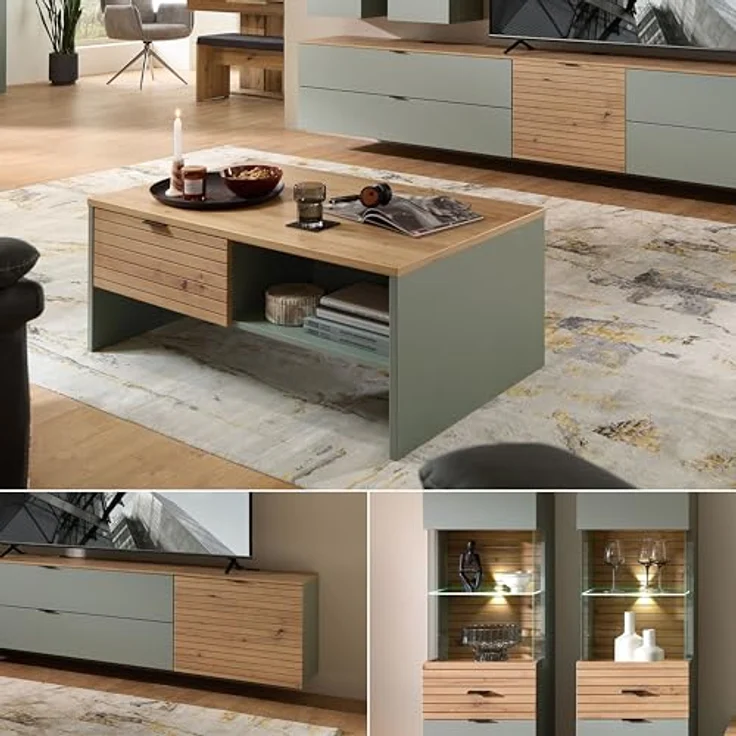 Stella Trading INA Wohnwand Komplett-Set in Schilfgrün, Artisan Eiche Optik FSC-Zertifiziert - Moderne Schrankwand 6-teilig mit LED-Beleuchtung für Ihr Wohnzimmer - 340 x 200 x 44 cm (B/H/T) – Bild 5