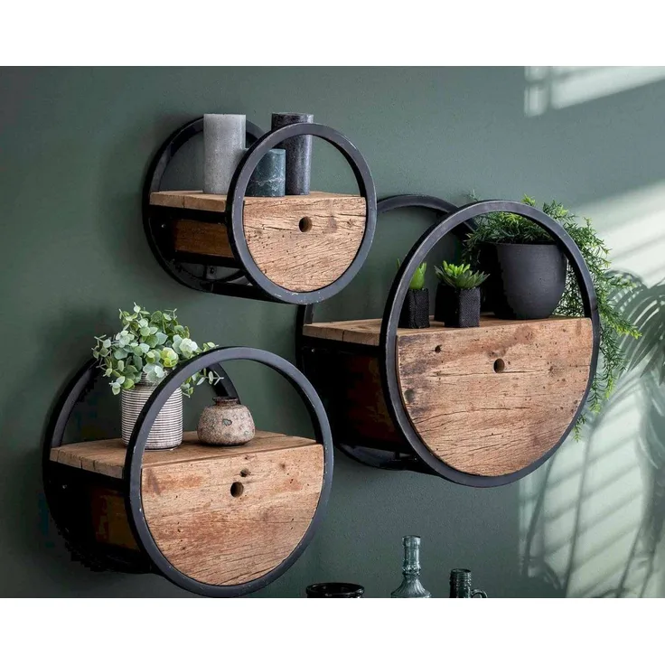 Wandregal OUD 40 rund Stahlrahmen Hartholz Altholz mit Schublade