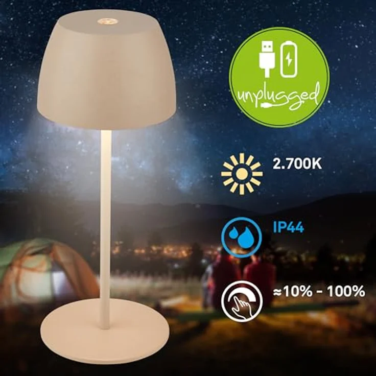 BRILONER - Mini LED Tischlampe kabellos IP44 mit Touch, stufenlos dimmbar, Akku & Lichtquelle tauschbar, Nachttischlampe, Dekolampe, LED Lampe, Akku Tischleuchte, Outdoorlampe, 8x20 cm (DxH), Beige – Bild 3