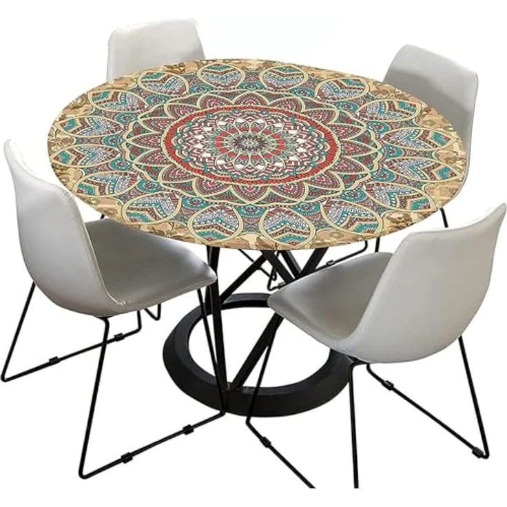 FANSU Tischdecke Abwaschbar Rund 120cm, Ideal für 100cm-110cm, Mandala Elastisch Rund Outdoor Tischdecken Modern Wasserdicht Fleckschutz Tische Gartentischdecke für Küche – Bild 9