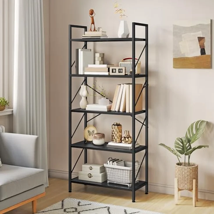 YITAHOME Bücherregal, Standregal mit 5 Ebenen, Hohes Lagerregal mit Metallrahmen, Industrielles Ausstellungsregal, Regaleinheiten, für Wohnzimmer, Schlafzimmer, Homeoffice, Küche, Schwarz Regal – Bild 2