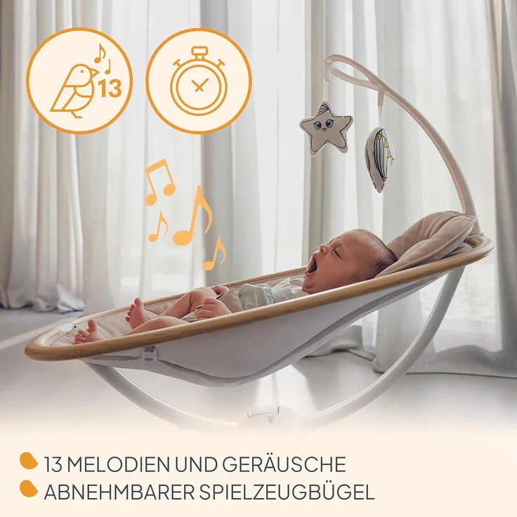 Lionelo OLIVIA Elektrische Babywippe bis zu 9 kg Neigungsverstellung, natürliches Schaukeln, 4 Geschwindigkeiten, ergonomischer Sitz, 13 Melodien, 2 Spielzeuge, Fernbedienung – Bild 6