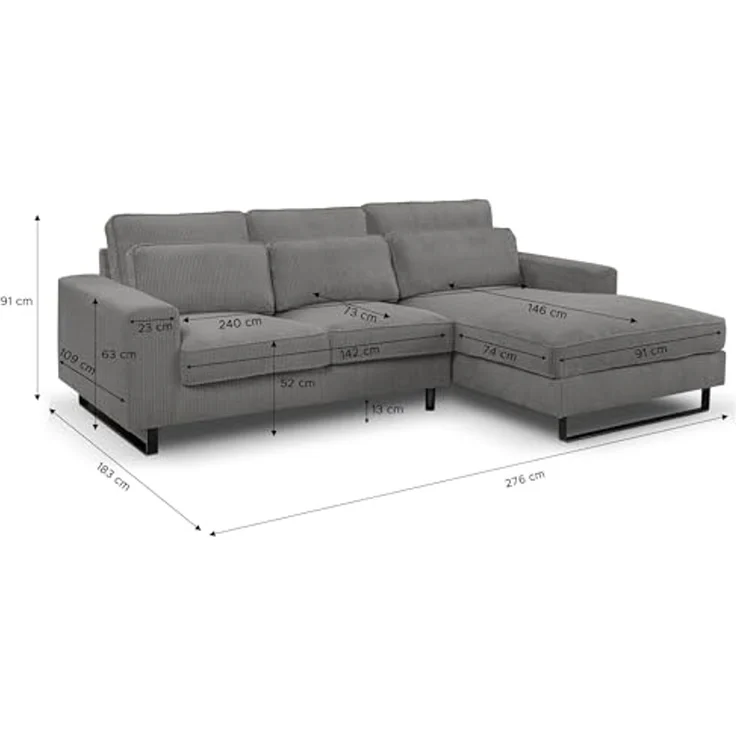 Ecksofa (B/H/T: 276x91x183 cm) in Grau – Bild 3