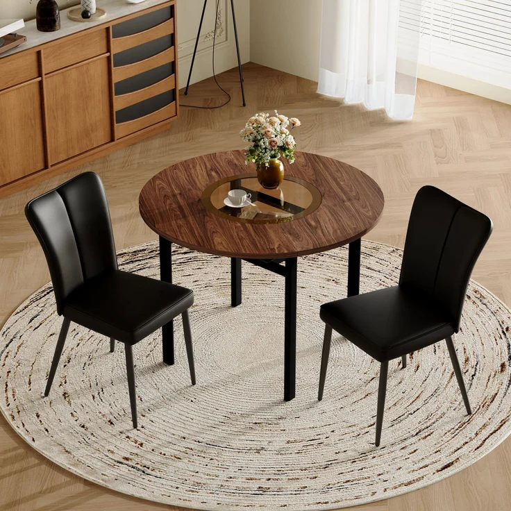 Esstisch-Set rund 100 cm Braun/Schwarz mit Glasablage, MDF-Tischplatte und PU-Stühlen – Bild 2