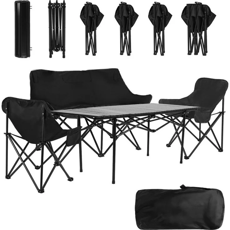Rutaqian Campingtisch Klapptisch mit Stühlen, Campingtisch mit Stühlen Set faltbar, 1 Tisch + 3 Sessel (2 Einzel, 1 Doppel) für Garten, Picknick, Festival – Bild 1