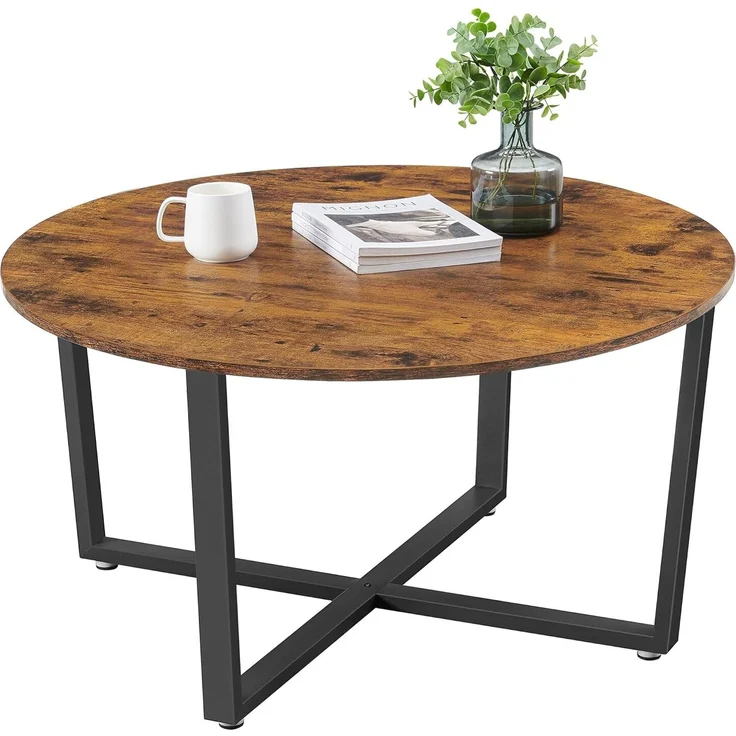 Vasagle Couchtisch rund, Wohnzimmertisch, Sofatisch, Kaffeetisch, stabiles Stahlgestell, einfacher Aufbau, Industrie-Design, Vintagebraun-schwarz LCT88X