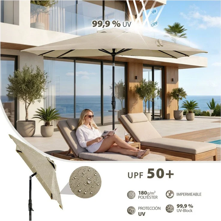 Sekey Sonnenschirm Rechteckig Marktschirm Neigbar mit Kurbel Sonnenschirm Groß, LxB: 210x140 cm, Sonnenschirm 200x140 cm, Gartenschirm Outdoor Wetterfest, Knickbar – Bild 3