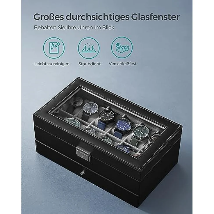 SONGMICS Uhrenbox Uhrenkasten, mit 2 Ebenen, 12 Fächer und 1 Schublade – Bild 6