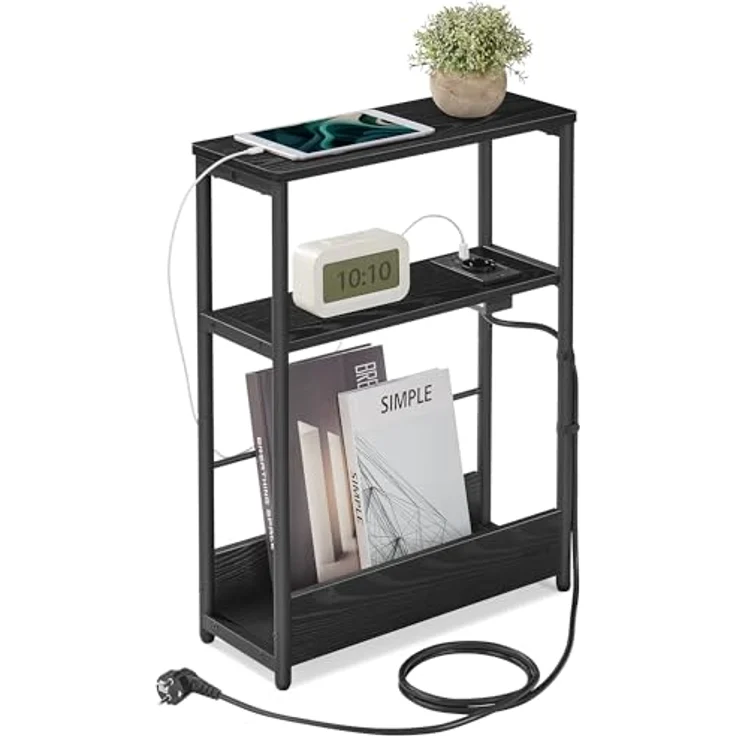 VASAGLE Beistelltisch schmal, Nachttisch mit Ladefunktion, Couchtisch klein, 3 Ablagen, Zeitschriftenhalter, für Wohnzimmer, Schlafzimmer, Arbeitszimmer, ebenholzschwarz-tintenschwarz LET335B02 – Bild 2